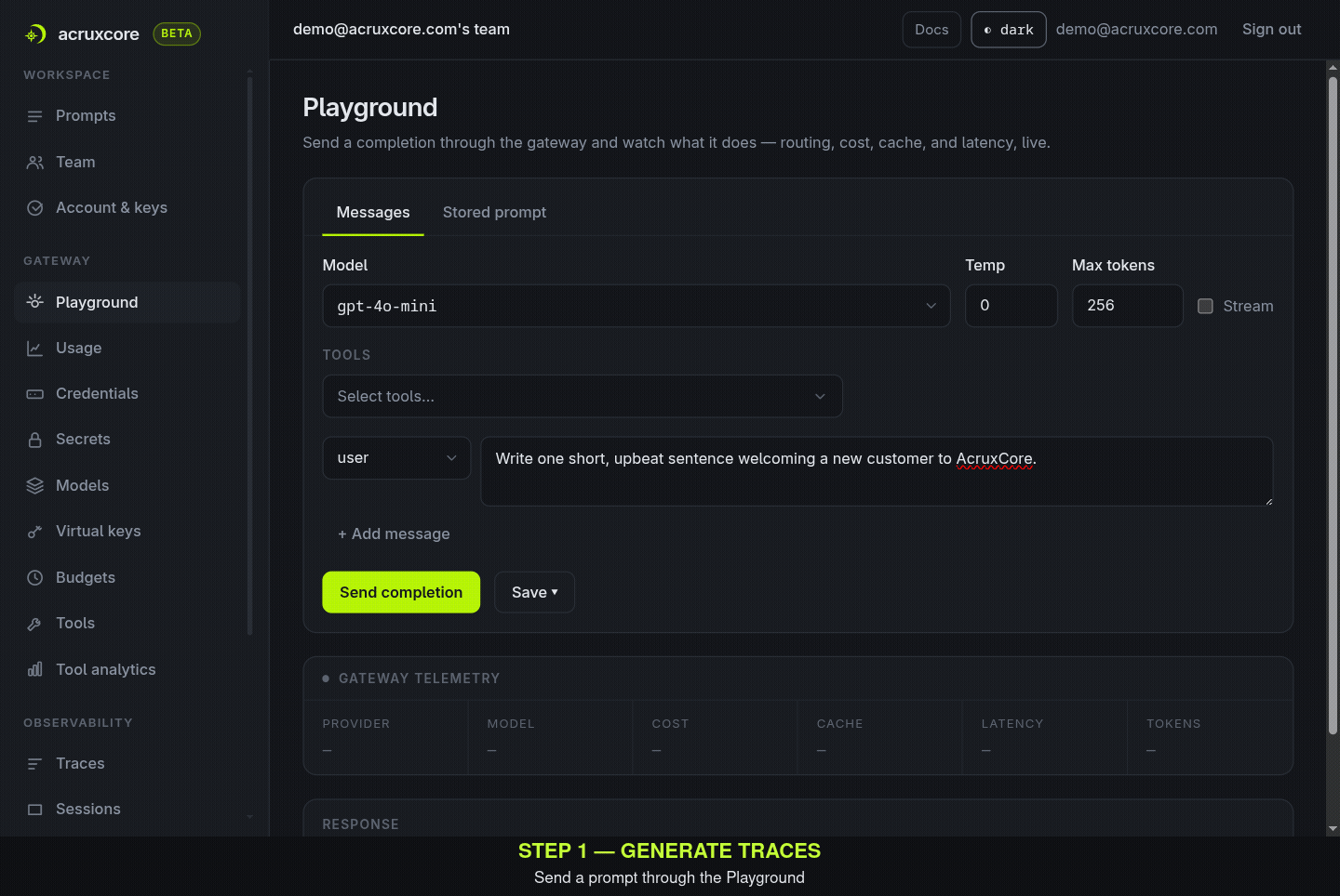 Animated walkthrough: sending a completion through the Playground, adding feedback to a trace, creating an evaluation rule, and previewing it against real traffic