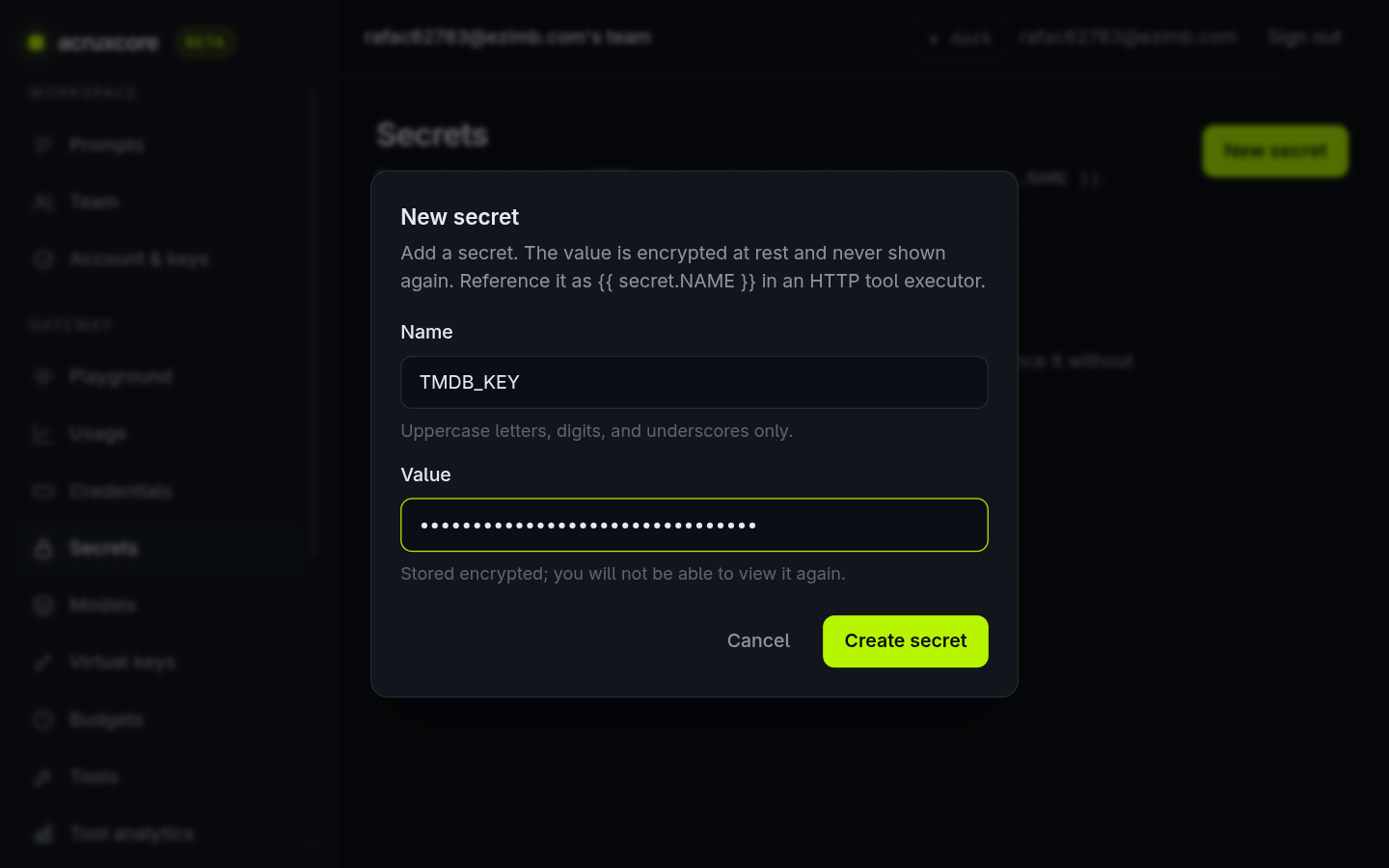 New secret dialog with the name TMDB_KEY and a masked value field