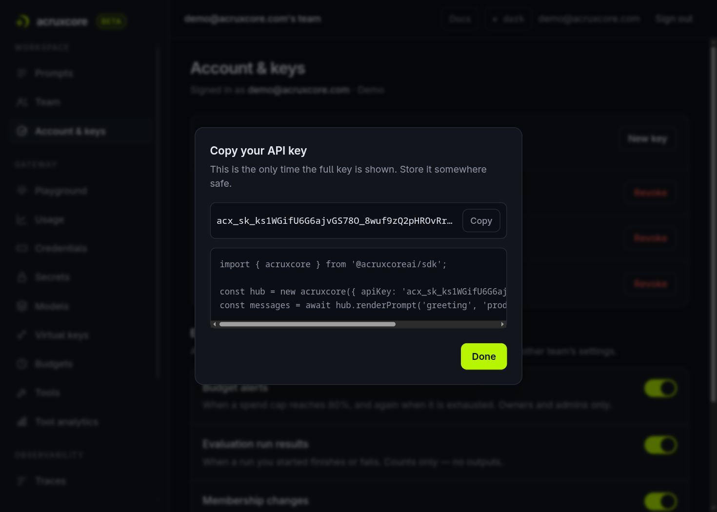 The "Copy your API key" dialog showing a freshly created key beginning acx_sk_, a Copy button, and a Node SDK snippet using it