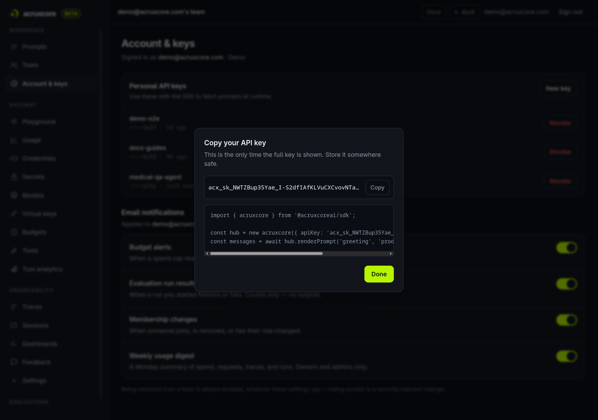 The "Copy your API key" dialog showing a freshly created key beginning acx_sk_, a Copy button, and a Node SDK snippet using it