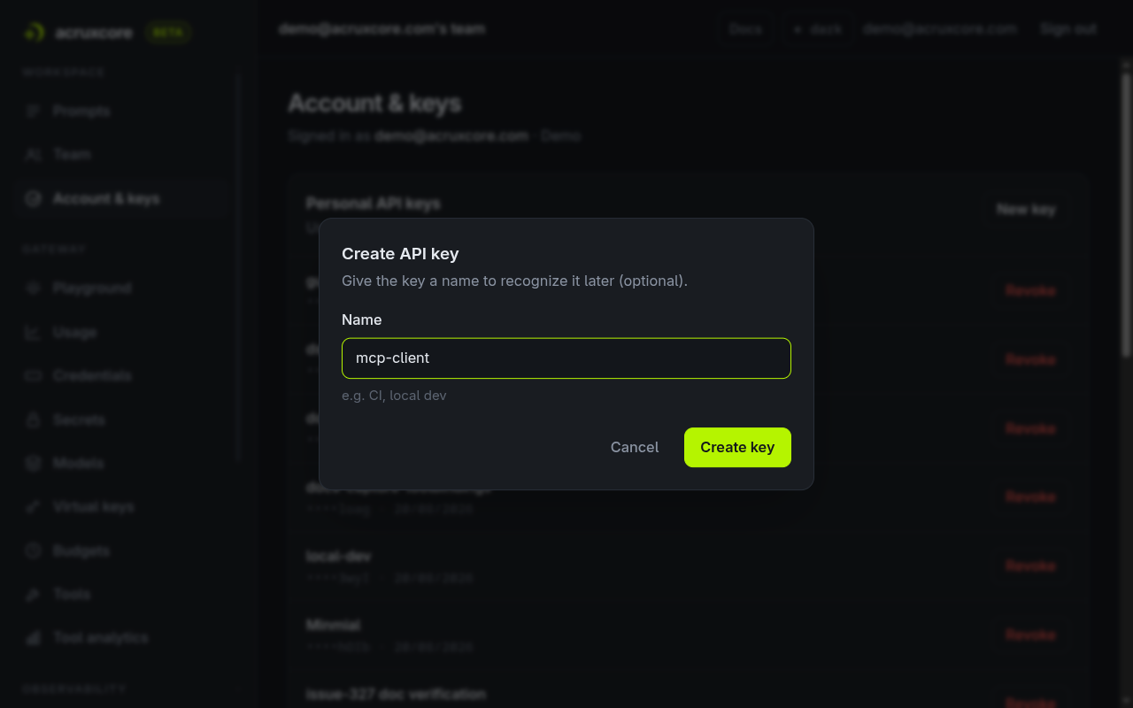 The Account & keys page with a "Create API key" dialog open, the Name field filled in with "mcp-client", and Cancel and Create key buttons
