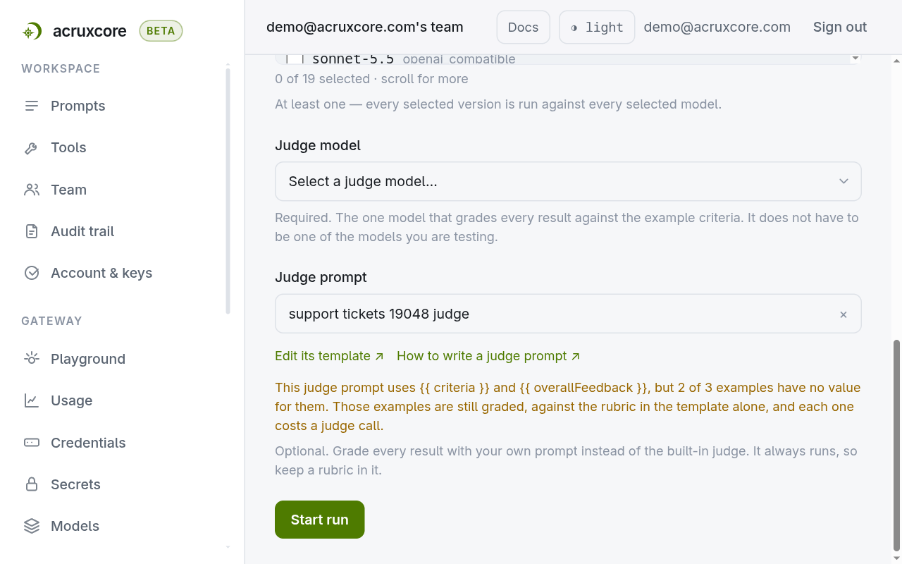 The Judge prompt field after Create judge prompt, with the new prompt selected