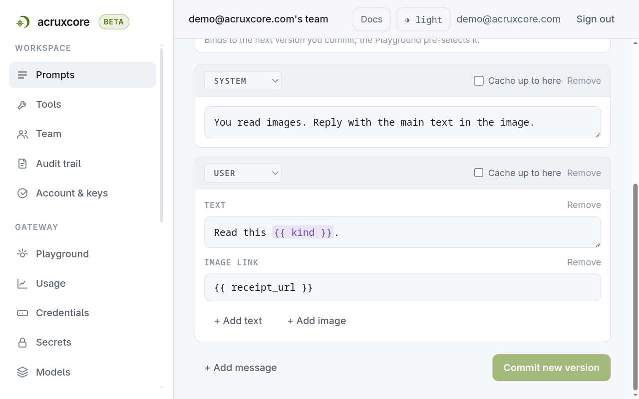 The Editor tab of a prompt. The user message has a Text field holding "Read this { kind }." and an Image link field holding "{ receipt_url }". Below them are the buttons + Add text and + Add image.
