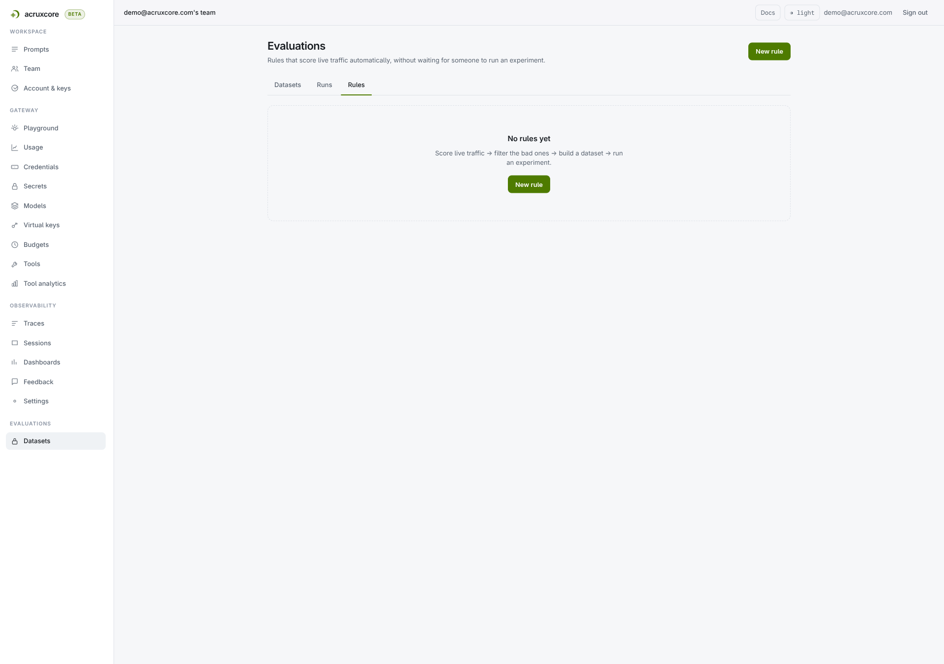 Empty Evaluations Rules tab, with a "No rules yet" message and a New rule button