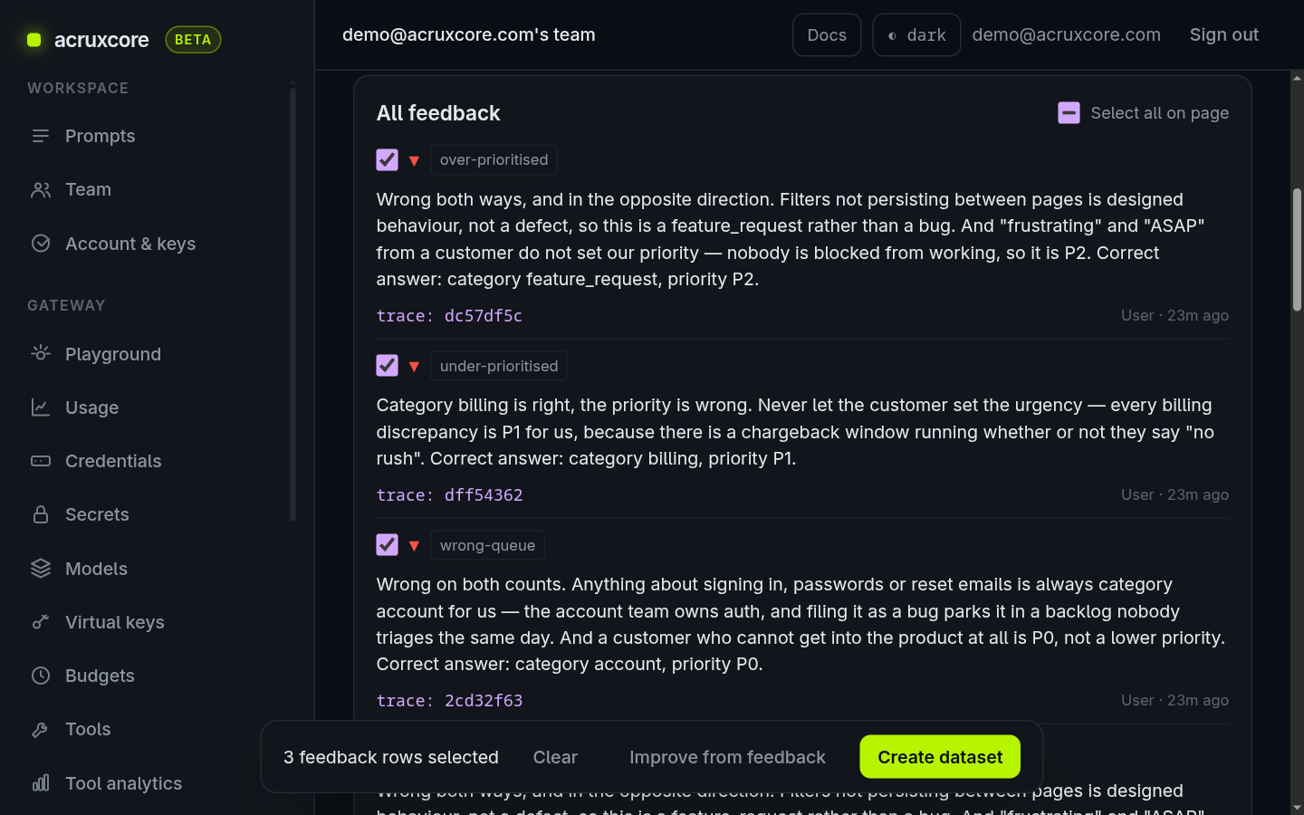 The Feedback page with three thumbs-down rows selected and the Improve from feedback action visible