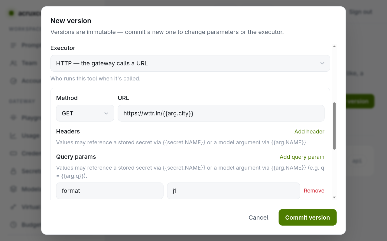 The get_weather version http executor in the dashboard: method GET, a URL with an arg placeholder, and a query param