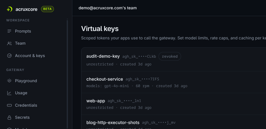 Virtual keys list showing a mix of unrestricted keys and one scoped to a model with a rate limit