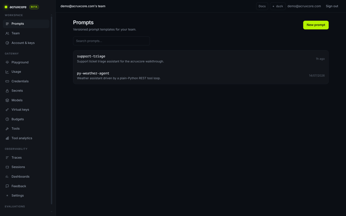 AcruxCore sidebar showing the Prompts list and Workspace/Gateway navigation groups