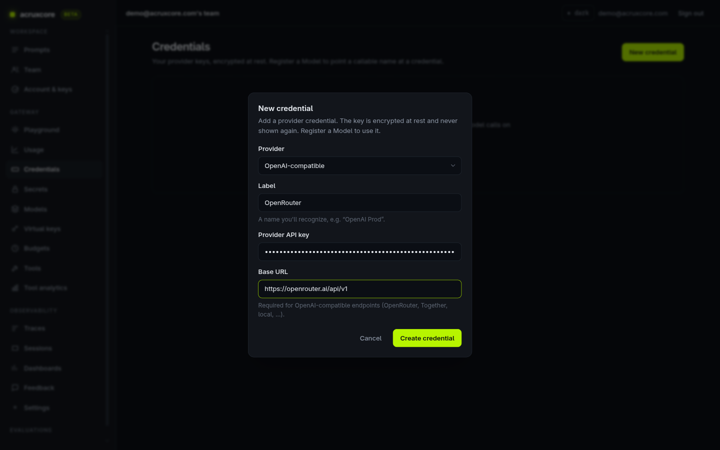 New credential dialog set to OpenAI-compatible, labelled OpenRouter, with a masked key and the base URL https://openrouter.ai/api/v1