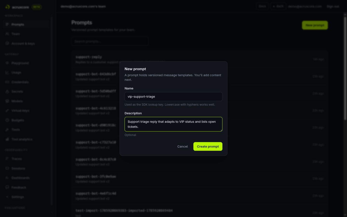 New prompt dialog with the name field filled in as vip-support-triage and a description about adapting to VIP status