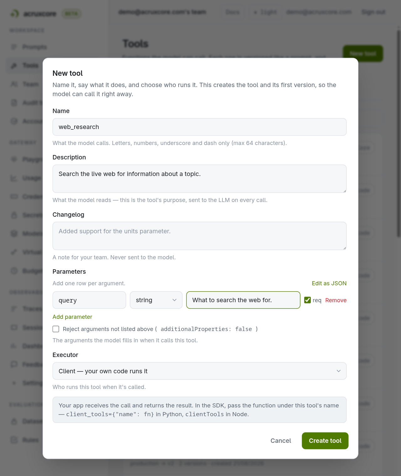 New tool dialog with the name web_research, a description about searching the live web, a required query string parameter, and the executor set to Client