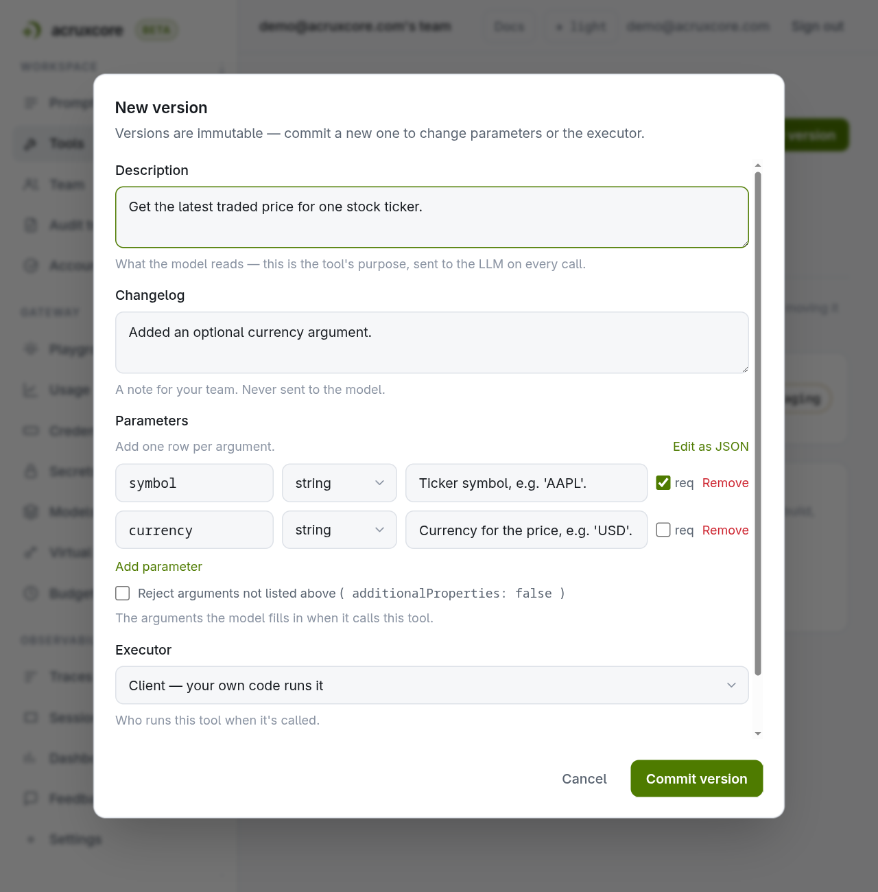 New version form for get_stock_price with a symbol parameter from v1 and a new optional currency parameter being added, plus a changelog note