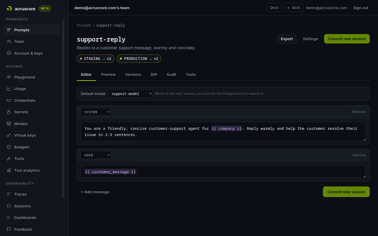 Prompt editor for support-reply, with system and user messages, the default model, and the staging/production aliases