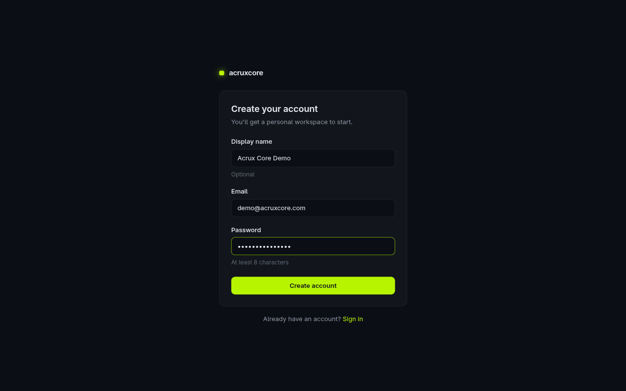 AcruxCore sign-up screen