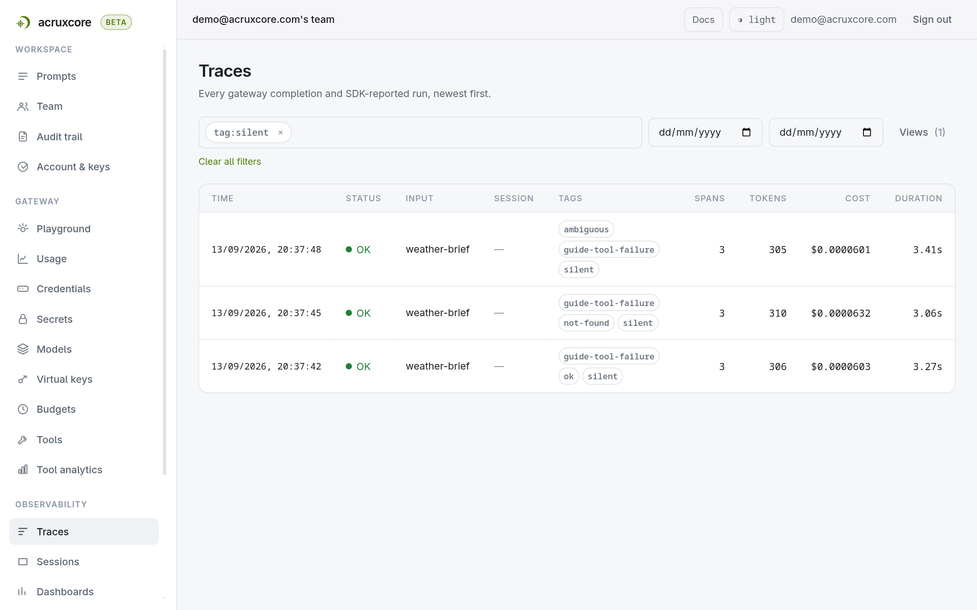 The AcruxCore Traces page filtered to tag, listing three weather-brief traces from 13/09/2026, all with a green OK status, each with three spans and a cost around $0.00006