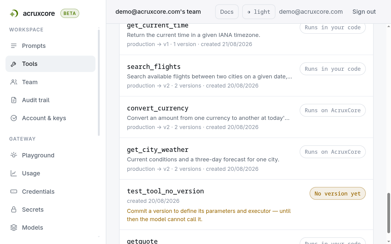 The catalog listing search_flights marked Runs in your code, and convert_currency and get_city_weather marked Runs on AcruxCore, each row showing where production points