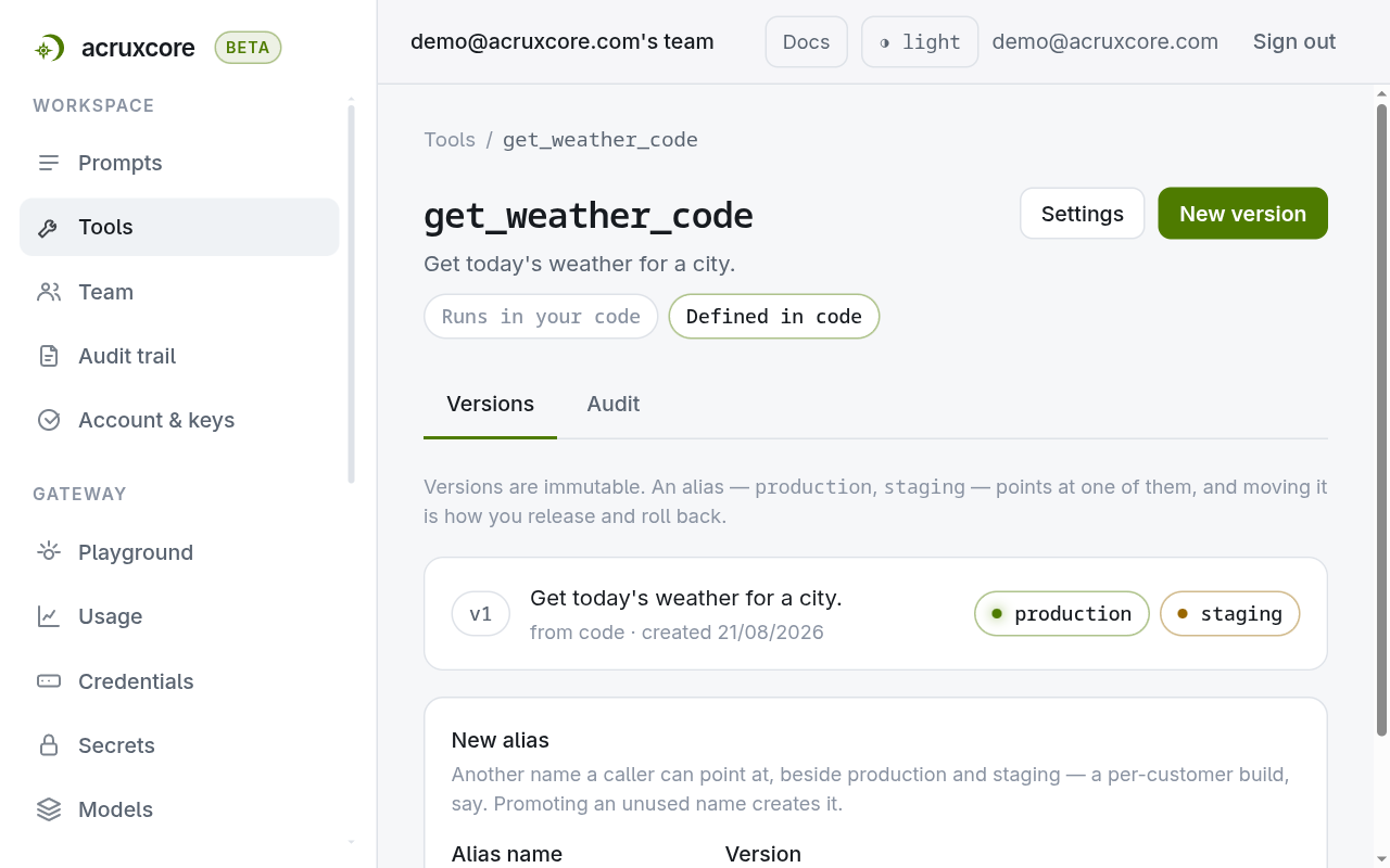 Tool detail page for get_weather_code, with a "Defined in code" badge under the name and one version v1 tagged "code"