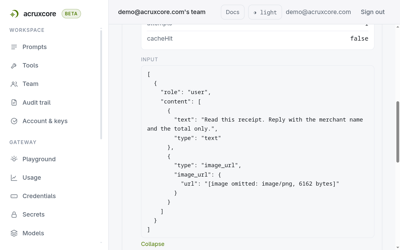 The Input panel of a trace span. The user message holds two parts: the text "Read this receipt. Reply with the merchant name and the total only." and an image_url part whose url reads [image omitted: image/png, 6162 bytes]