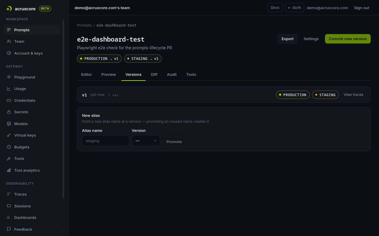 Versions tab showing a committed v1 with production and staging aliases, and a View traces link on the version row