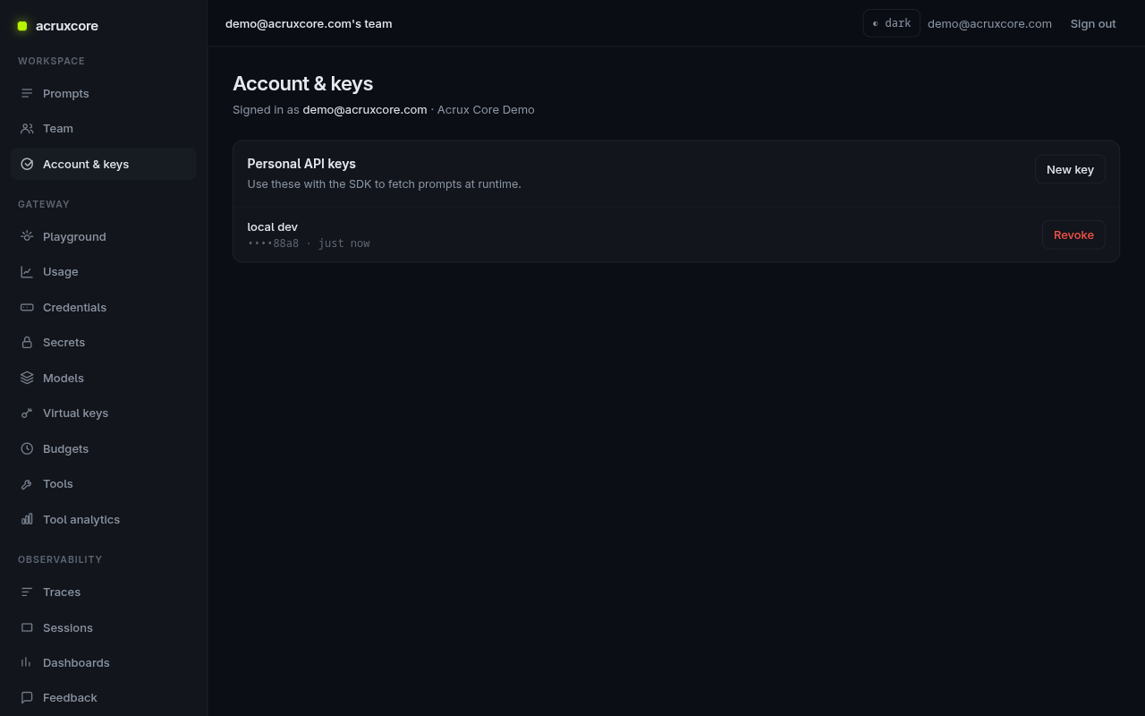 Account &amp; keys page with a personal API key
