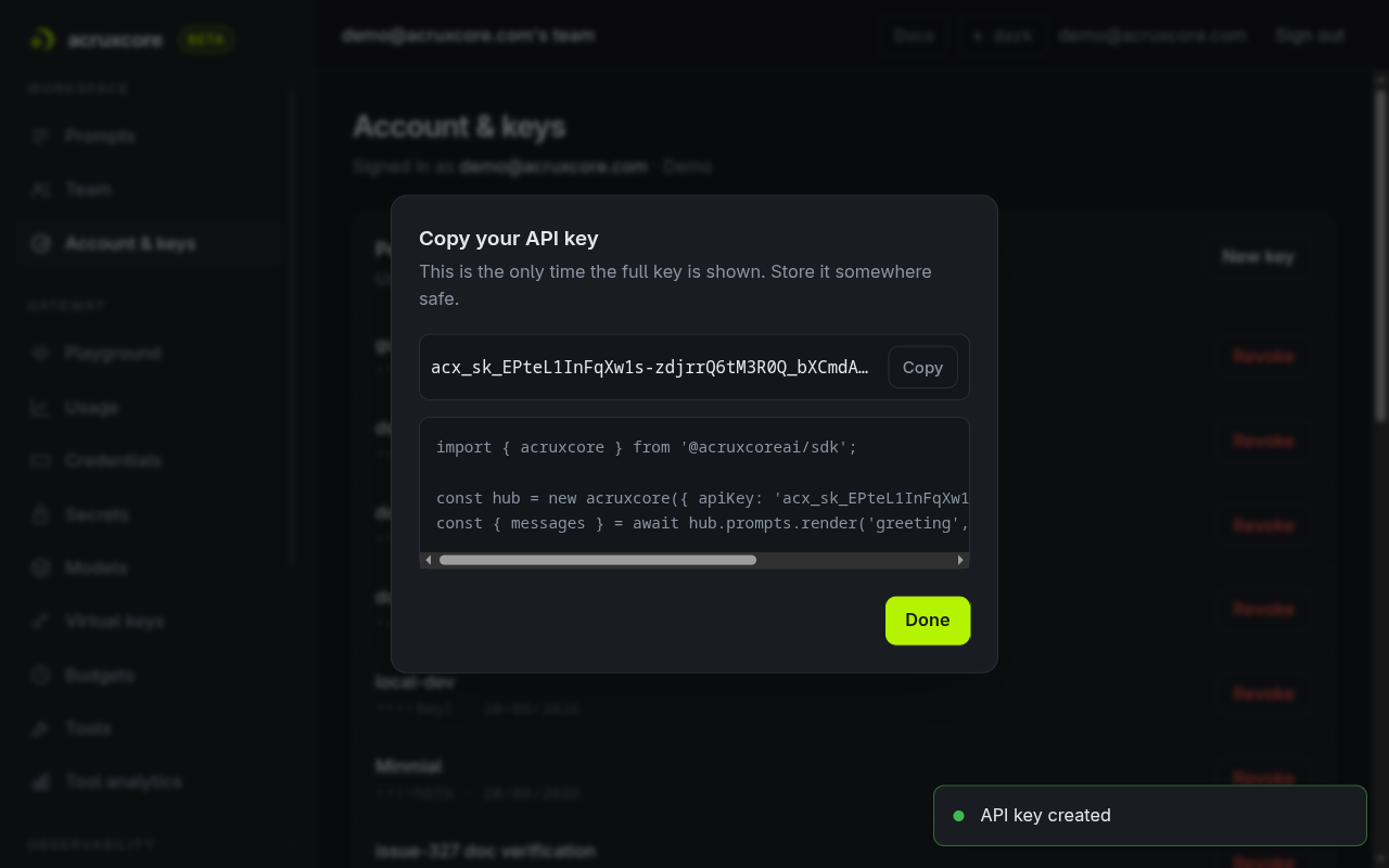 The "Copy your API key" dialog showing a key beginning acx_sk_, a Copy button, a short SDK snippet, and a Done button, with an "API key created" toast in the corner