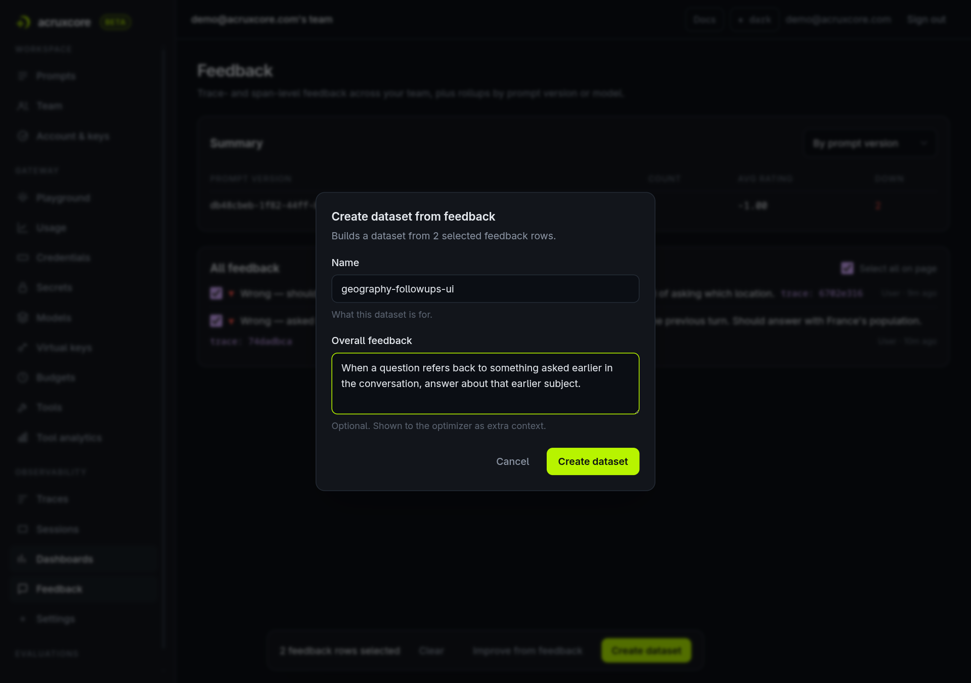 The Create dataset from feedback dialog with a name and overall-feedback rubric filled in