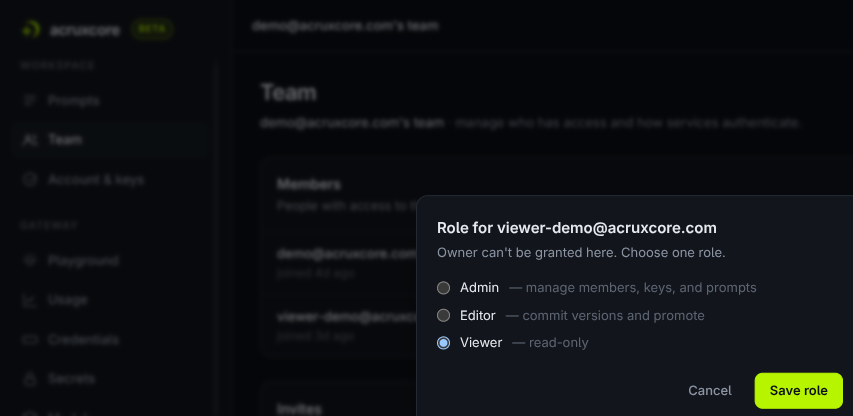 Role dialog for a member showing three radio options: admin, editor, and viewer, with viewer currently selected
