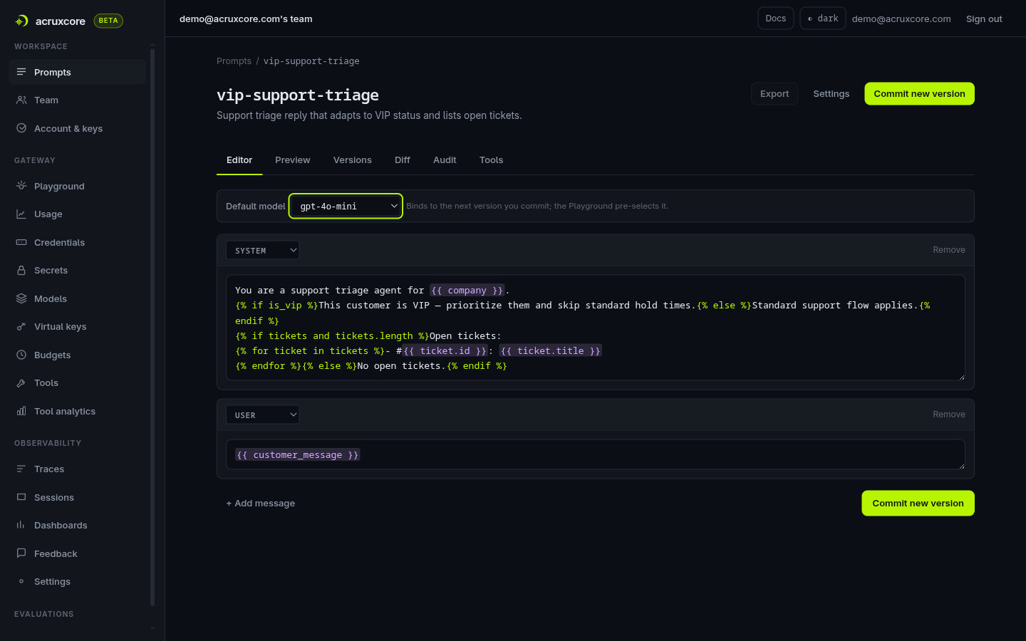 Prompt editor showing the system message with if/else and for-loop tags syntax-highlighted in a different color from the surrounding text, and a Default model dropdown set to gpt-4o-mini