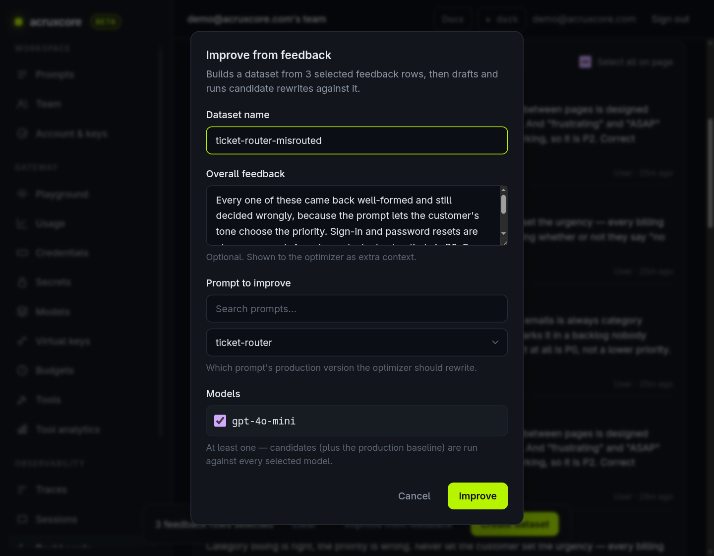 The Improve from feedback dialog with a dataset name, the policy as overall feedback, the target prompt and one model