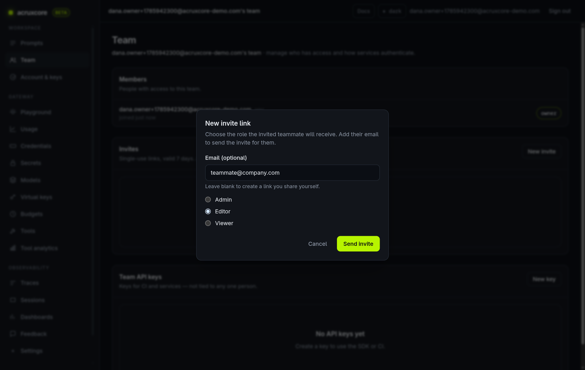 New invite dialog with a single-choice role picker for admin, editor, and viewer