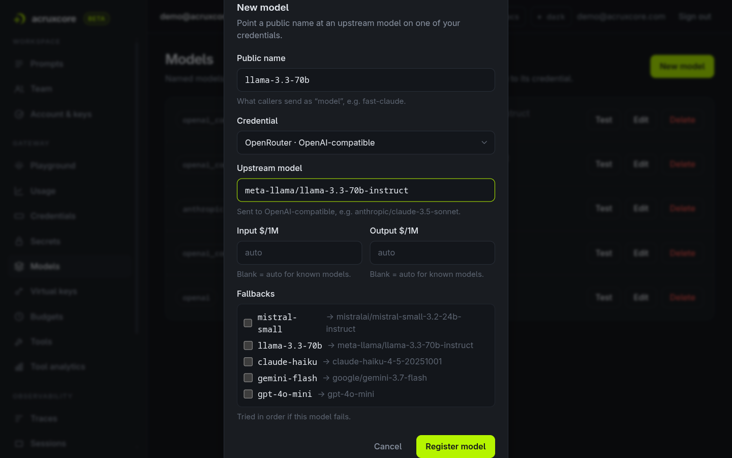 New model dialog with public name llama-3.3-70b, credential OpenRouter, and upstream model meta-llama/llama-3.3-70b-instruct