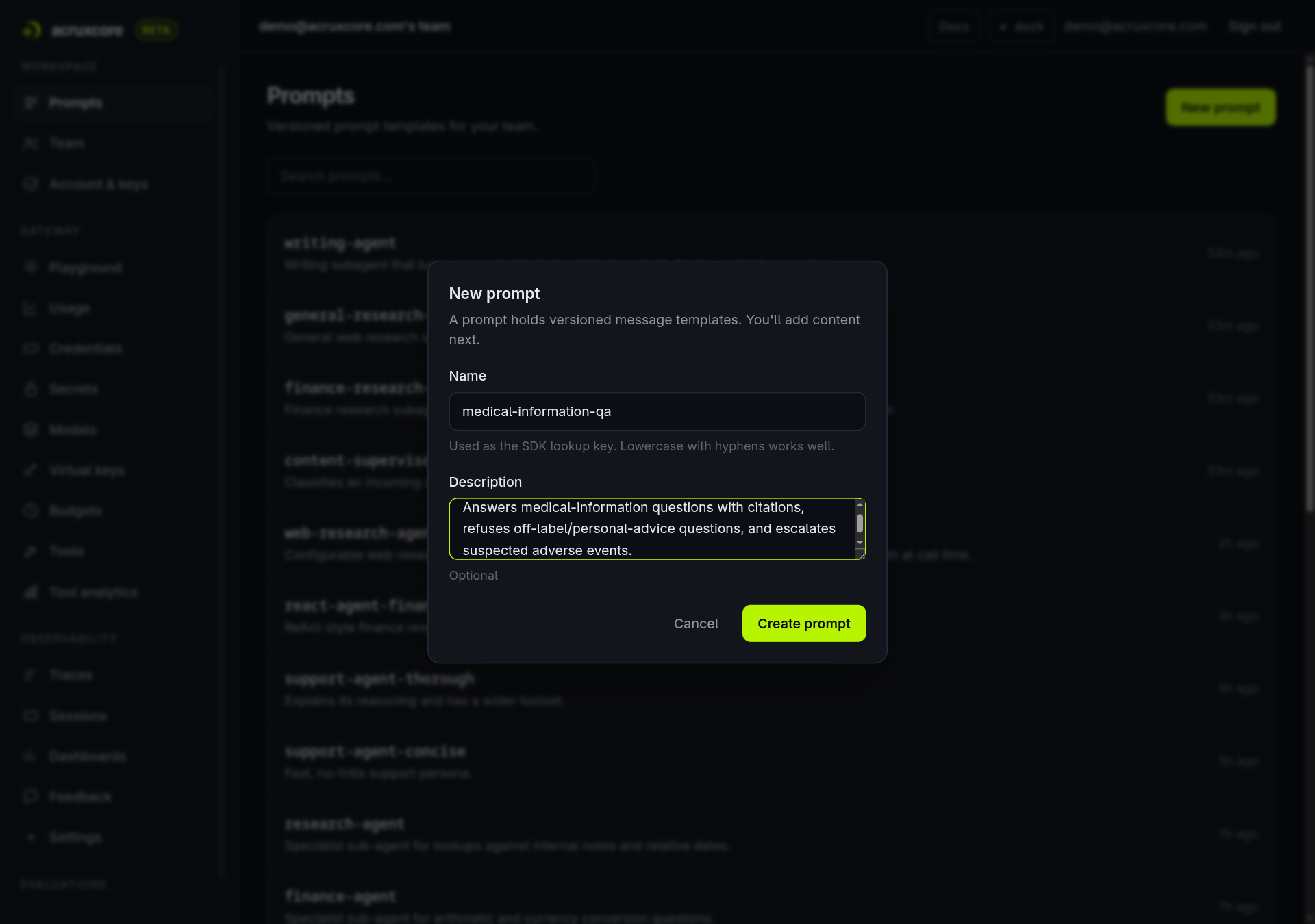 The "New prompt" dialog with Name set to medical-information-qa and a description about citations, refusals, and adverse-event escalation