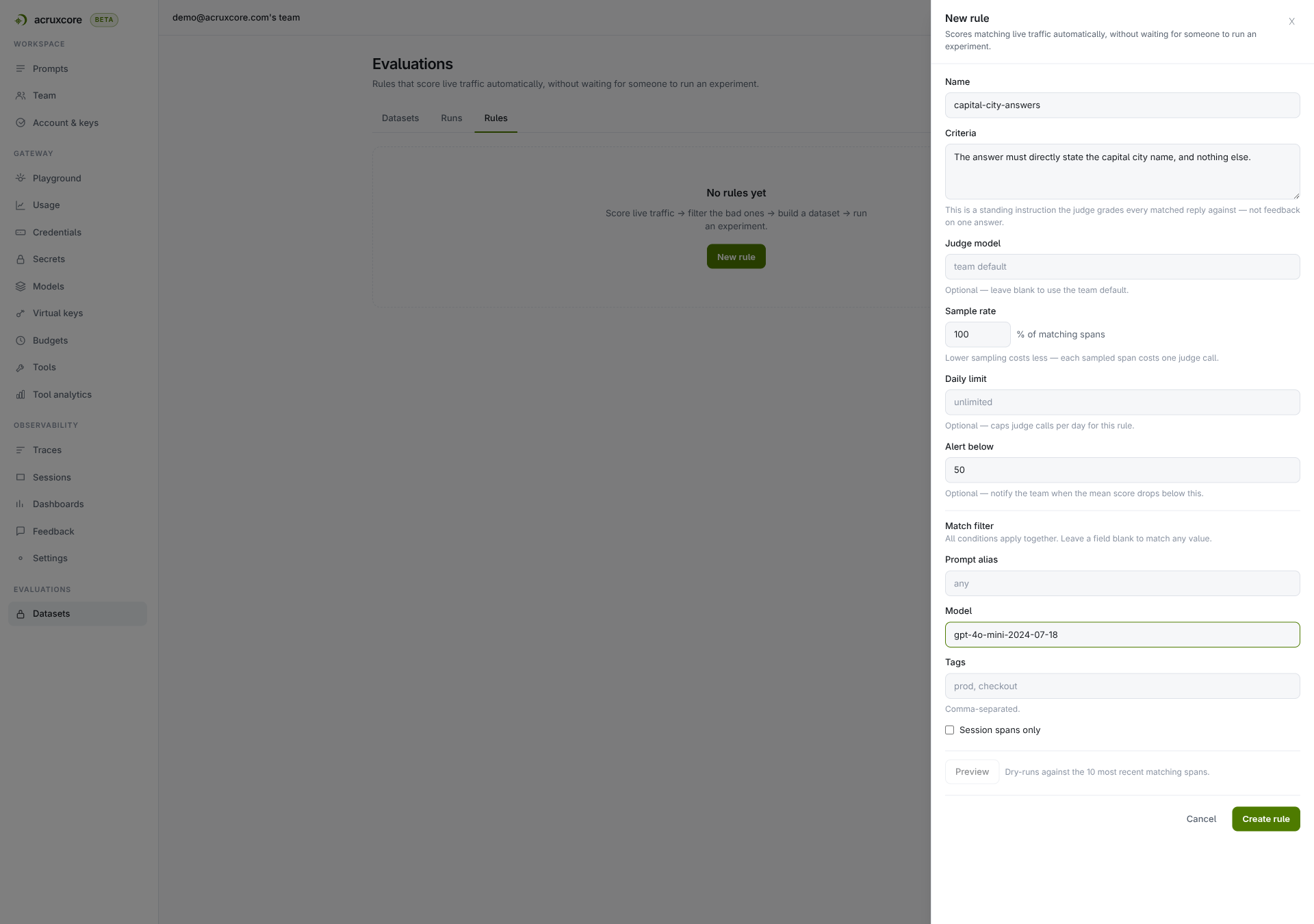 New rule drawer filled in with a name, criteria, judge model, 100% sample rate, an alert threshold, and a model filter