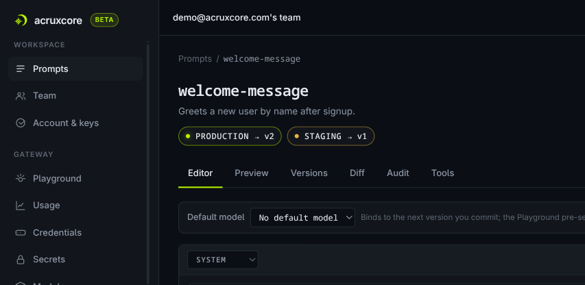 Prompt header showing production pointing to v2 and staging pointing to v1, with an Export button