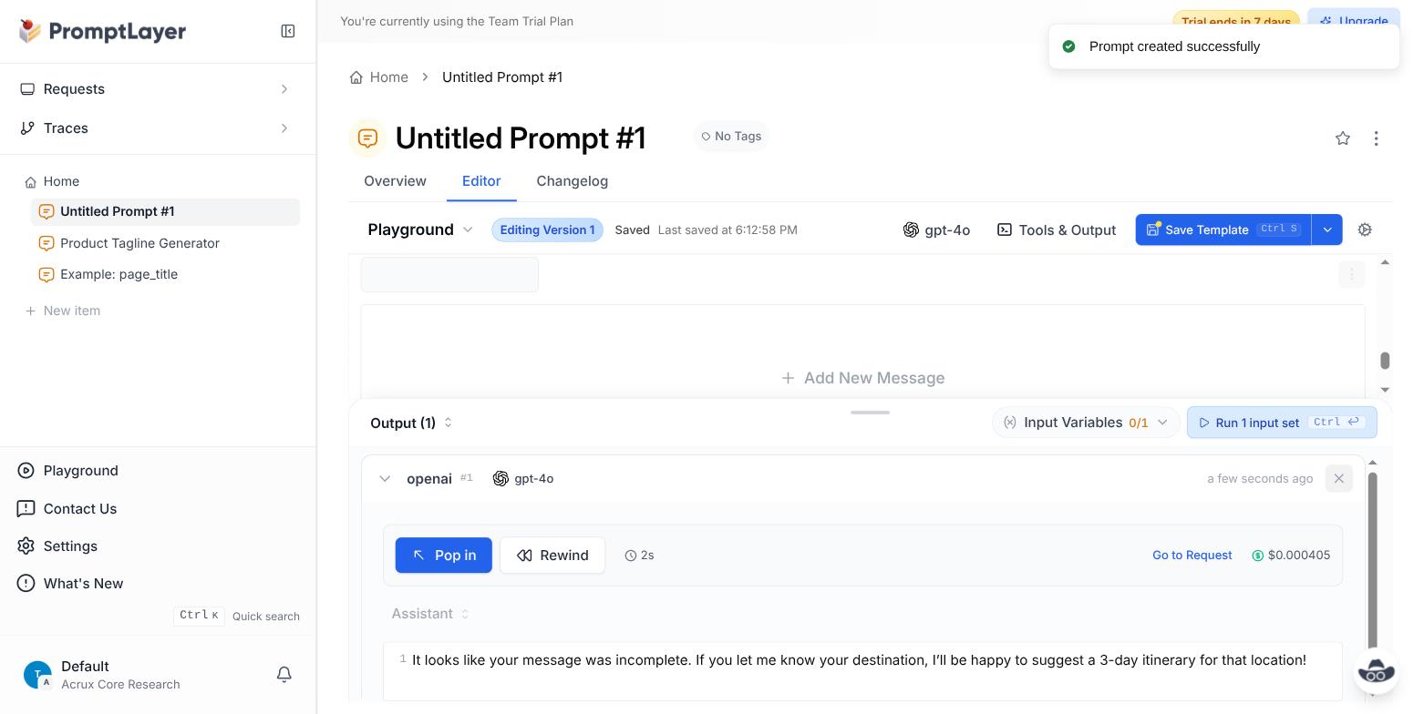 PromptLayer's prompt editor with a system message and a user message containing a highlighted {{city}} variable chip, plus a Run button