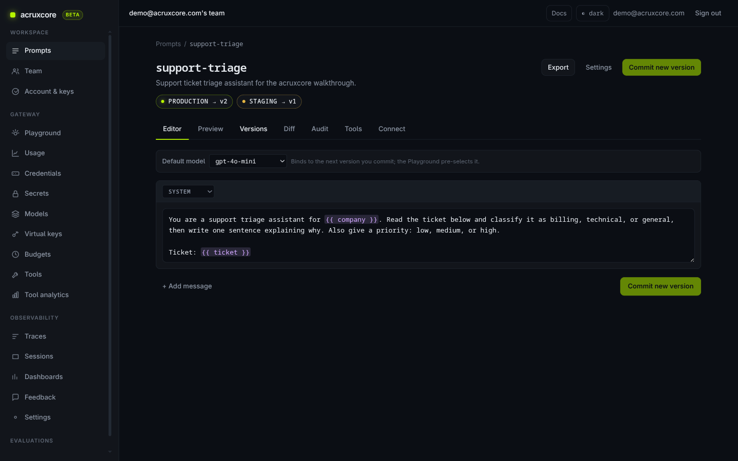 Prompt editor showing the support-triage prompt's system message and version tabs (Editor, Preview, Versions, Diff, Audit)