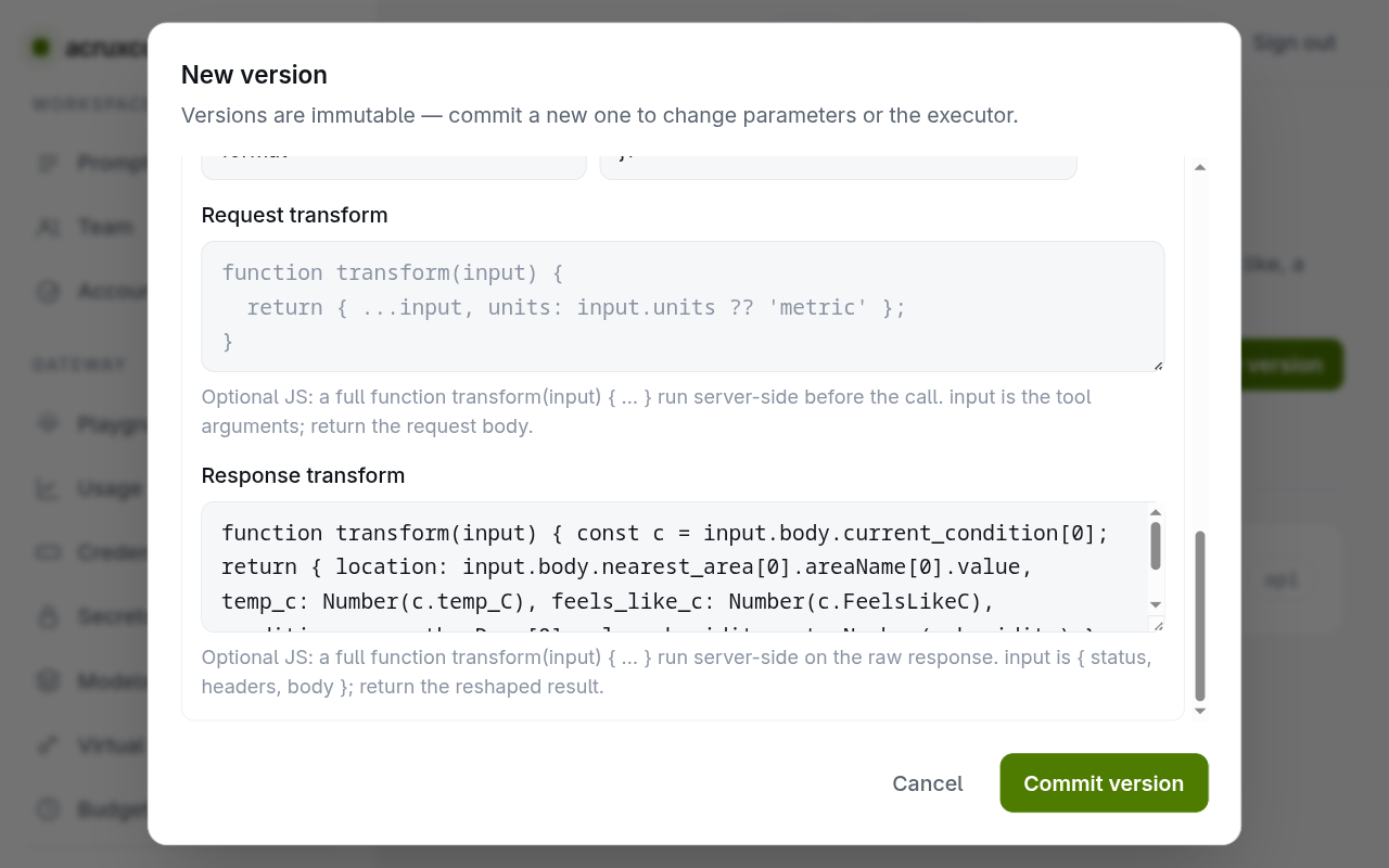 The same version response transform: the JavaScript that trims the wttr.in payload server-side