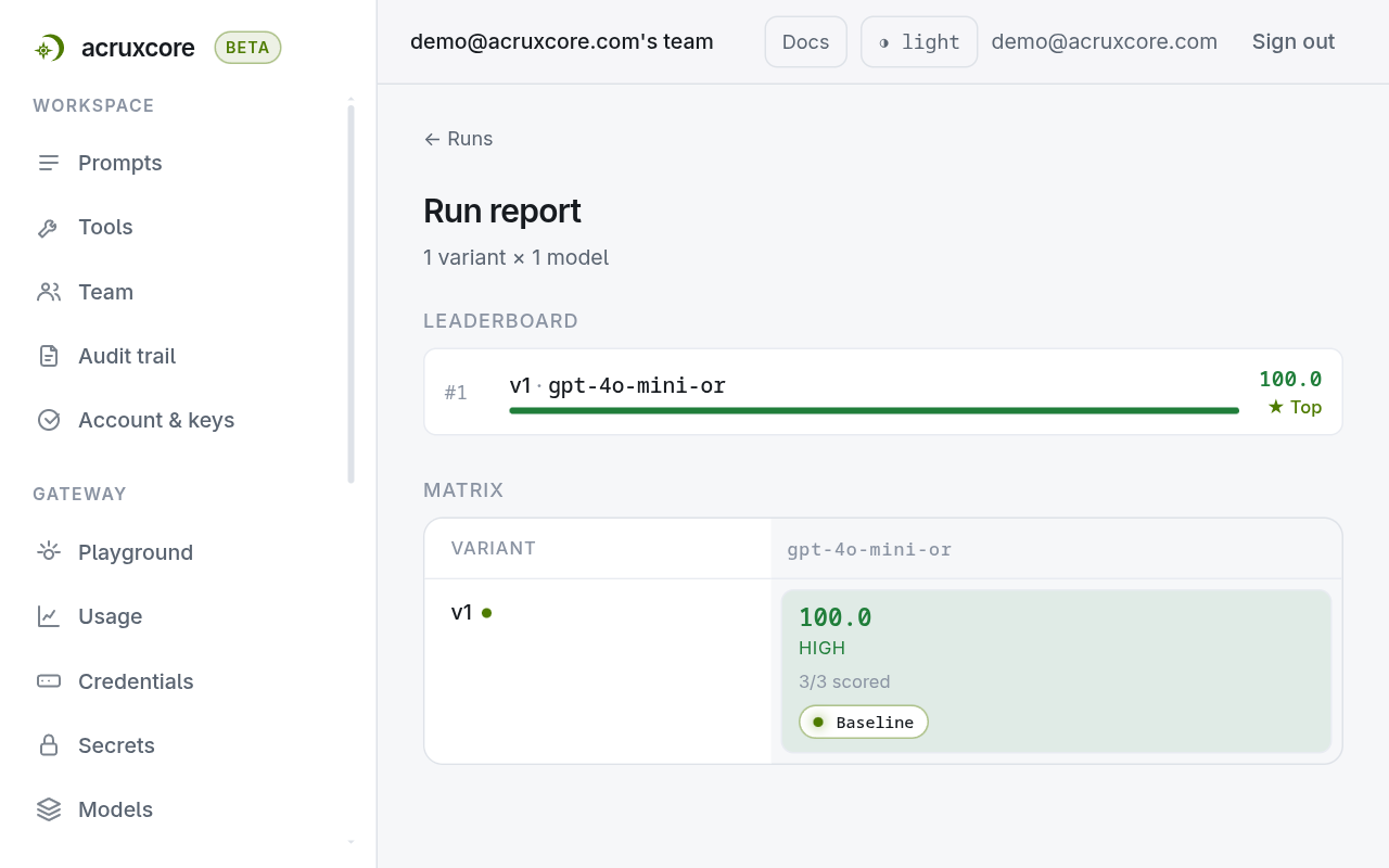 Run report: v1 on gpt-4o-mini-or with an average score of 100.0, and 3 of 3 examples scored