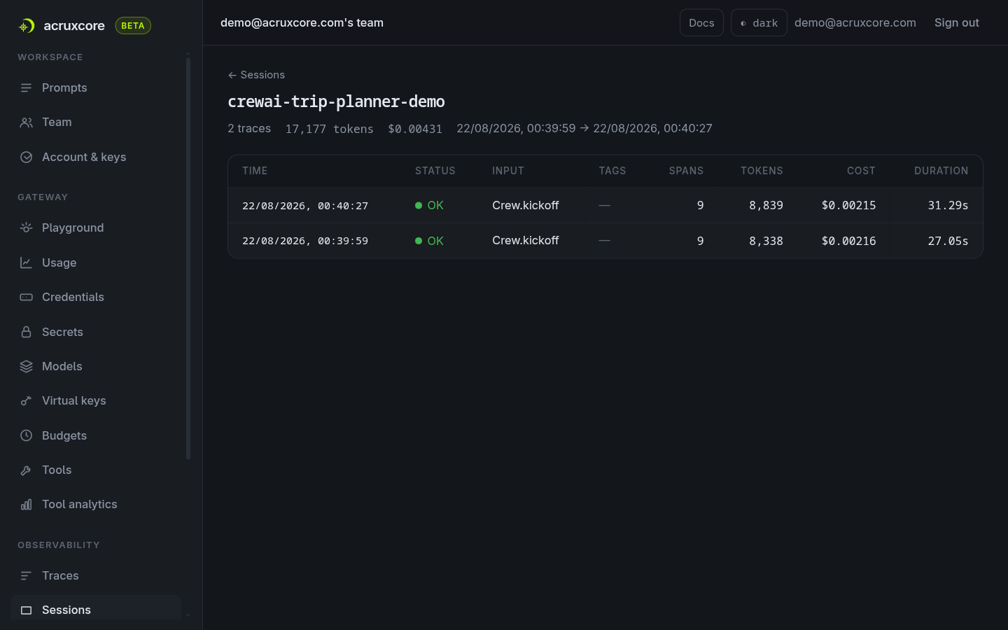 The crewai-trip-planner-demo session showing two traces, each with 9 spans, real token counts, and real cost