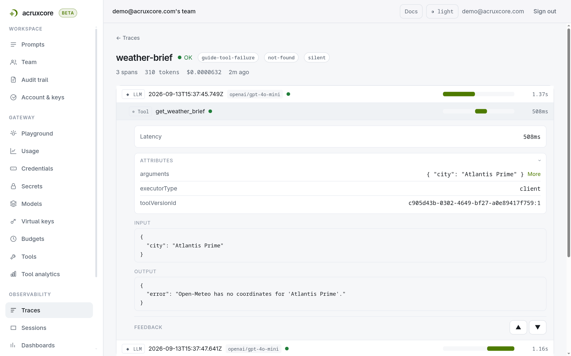 A trace detail view showing a green Tool span for get_weather_brief, with a Latency row and no failure rows, whose OUTPUT block reads: error, Open-Meteo has no coordinates for 'Atlantis Prime'.