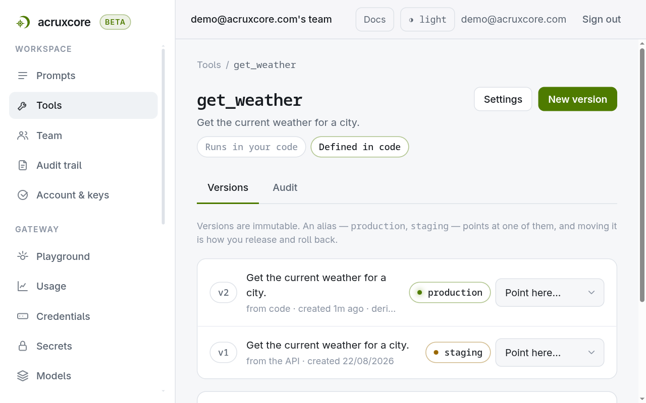 The get_weather tool after a sync, showing the Defined in code badge