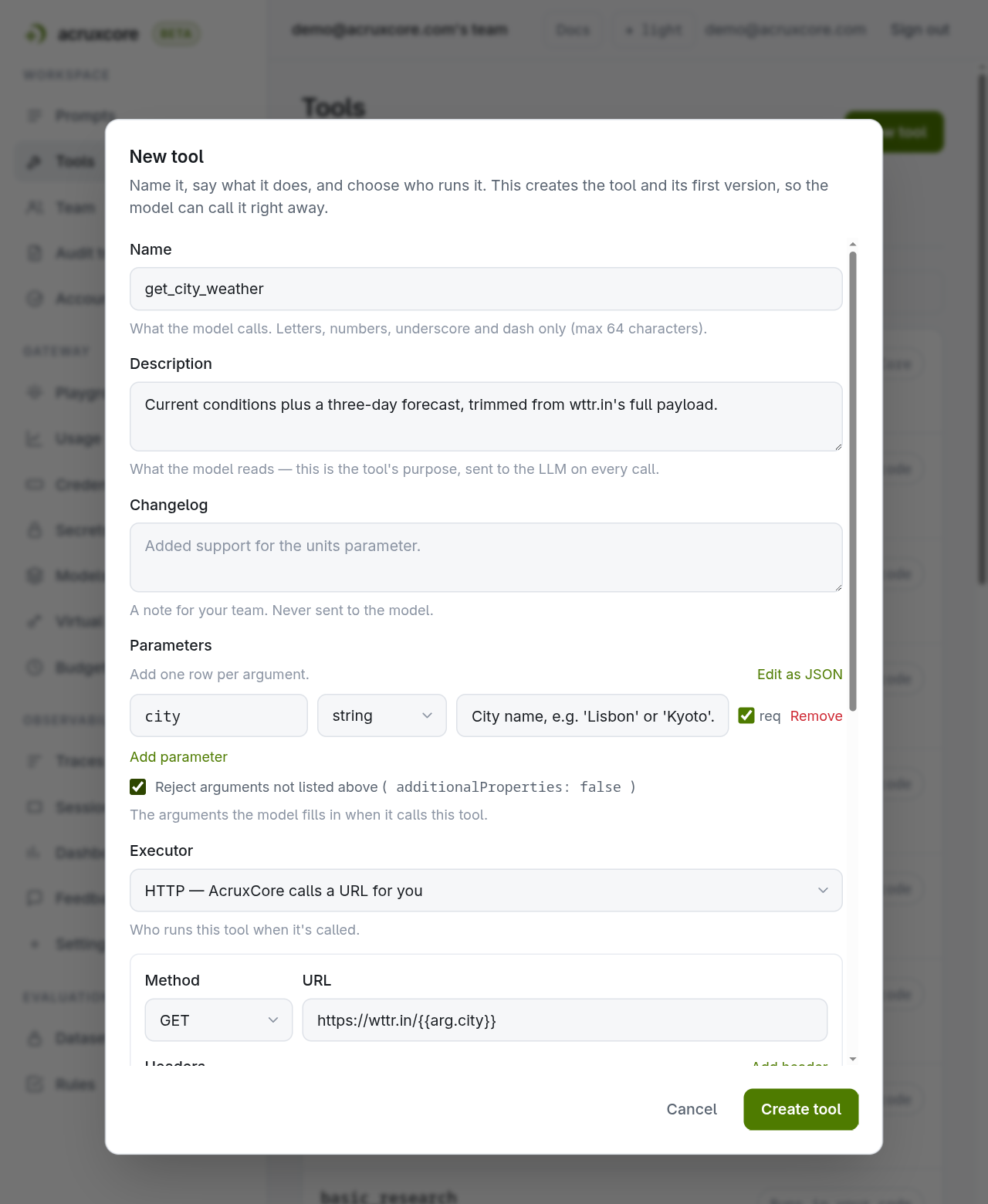 New tool dialog for the weather tool: description, changelog, one city parameter row with reject-unknown ticked, and the HTTP executor below