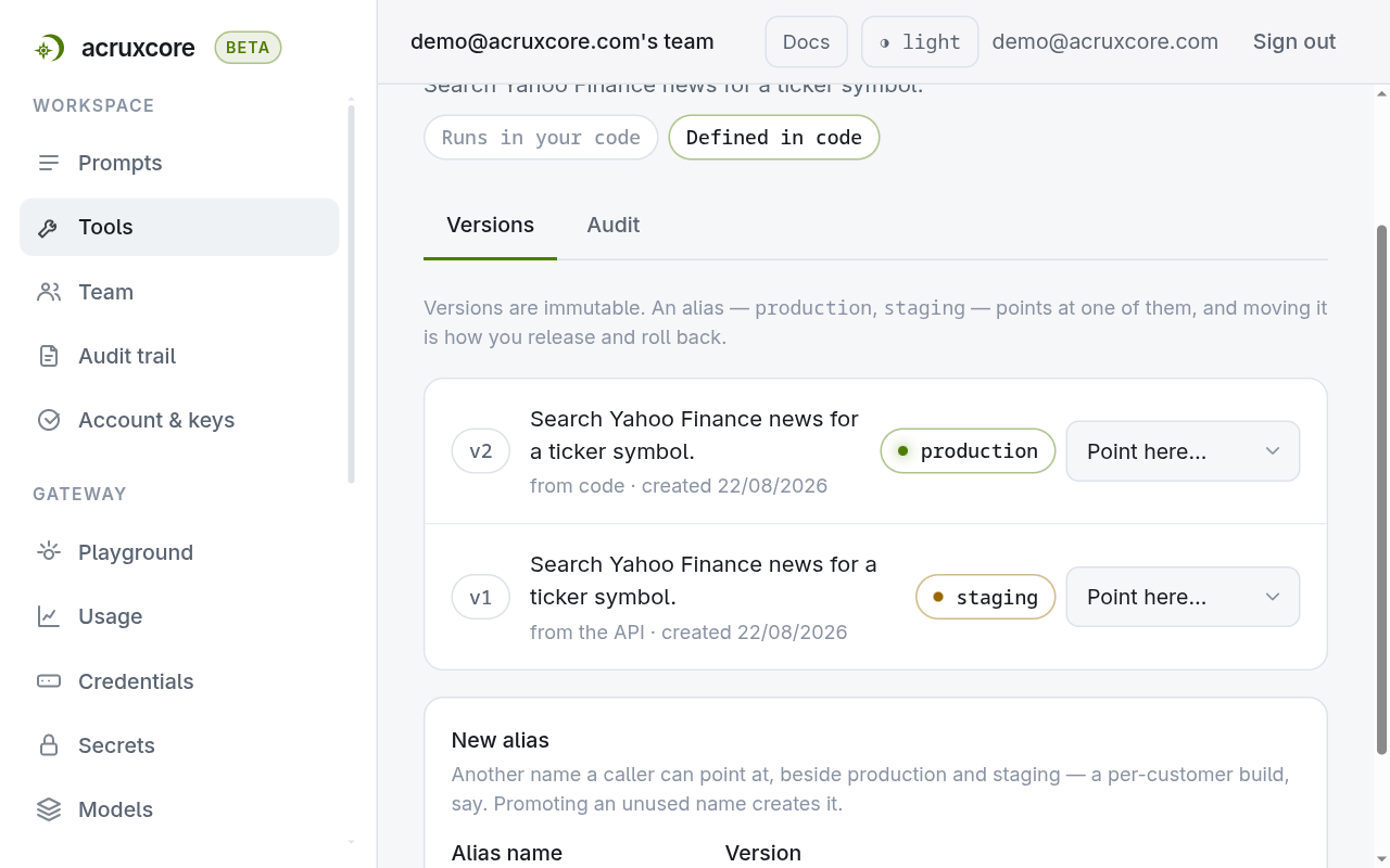 finance_research tool detail page showing v2 from code carrying the production chip, above v1 from the API