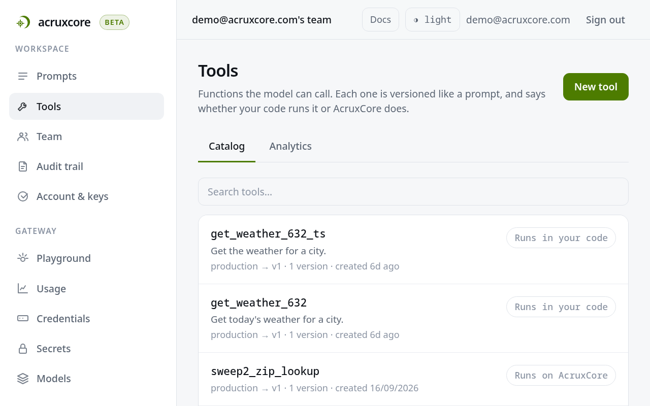 The Tools page on its Catalog tab, listing tools with a Runs in your code or Runs on AcruxCore badge