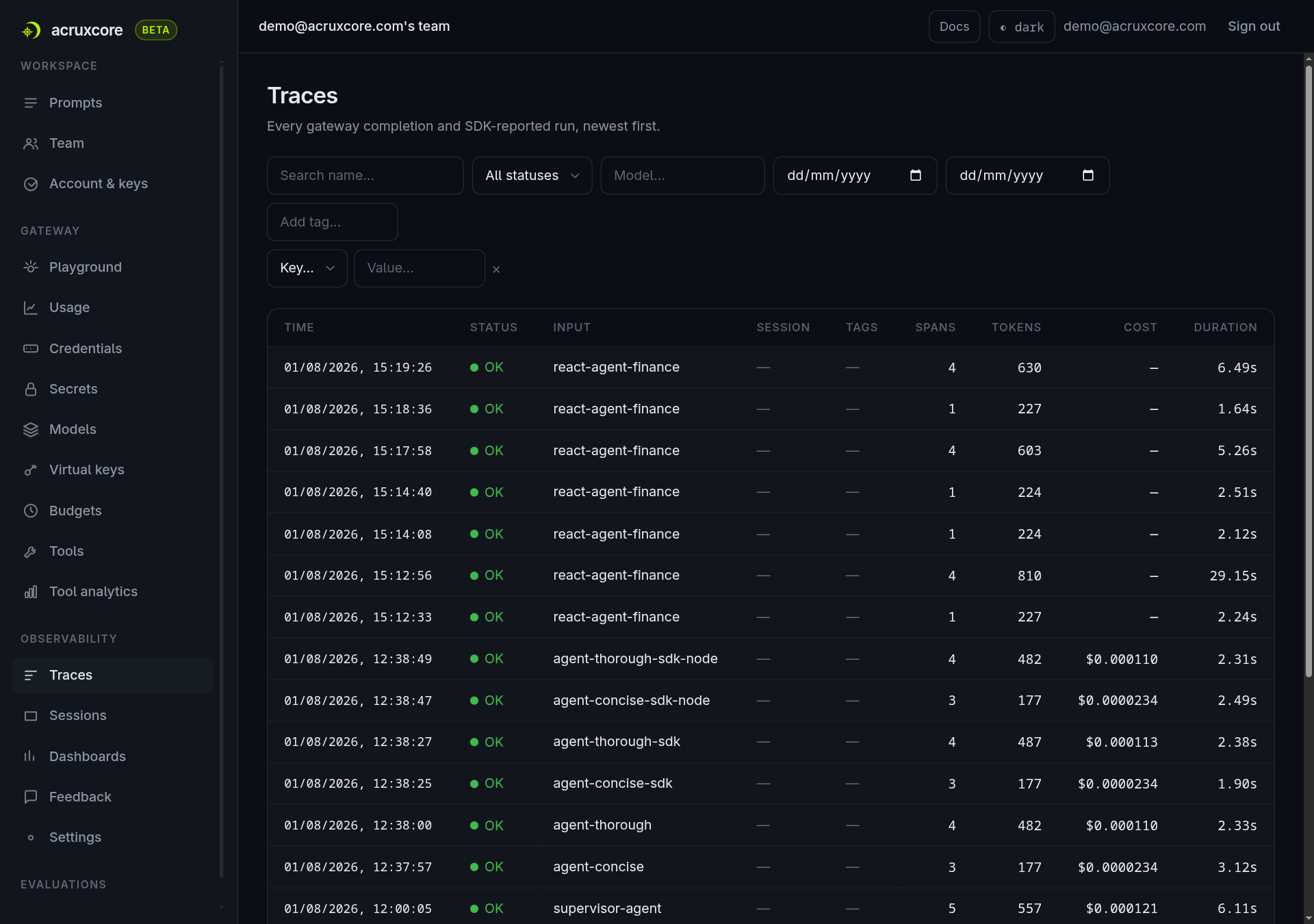 Traces list showing several react-agent-finance runs, each with 4 spans and a token count but a blank cost column