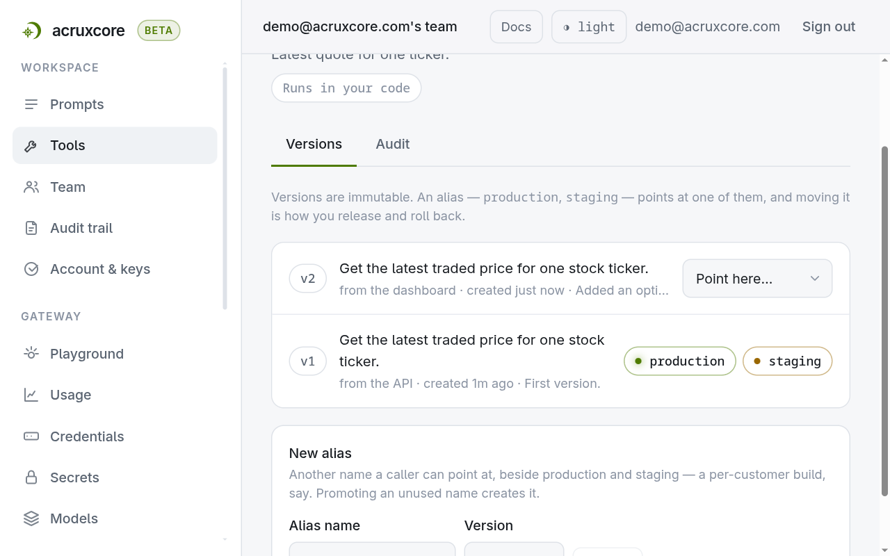 Versions tab showing v1 of get_stock_price carrying the production and staging chips, and v2 below it with its changelog note