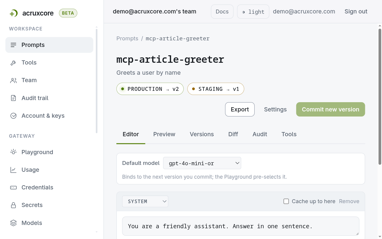 The mcp-article-greeter prompt page with the badges PRODUCTION → v2 and STAGING → v1, and gpt-4o-mini-or as the default model
