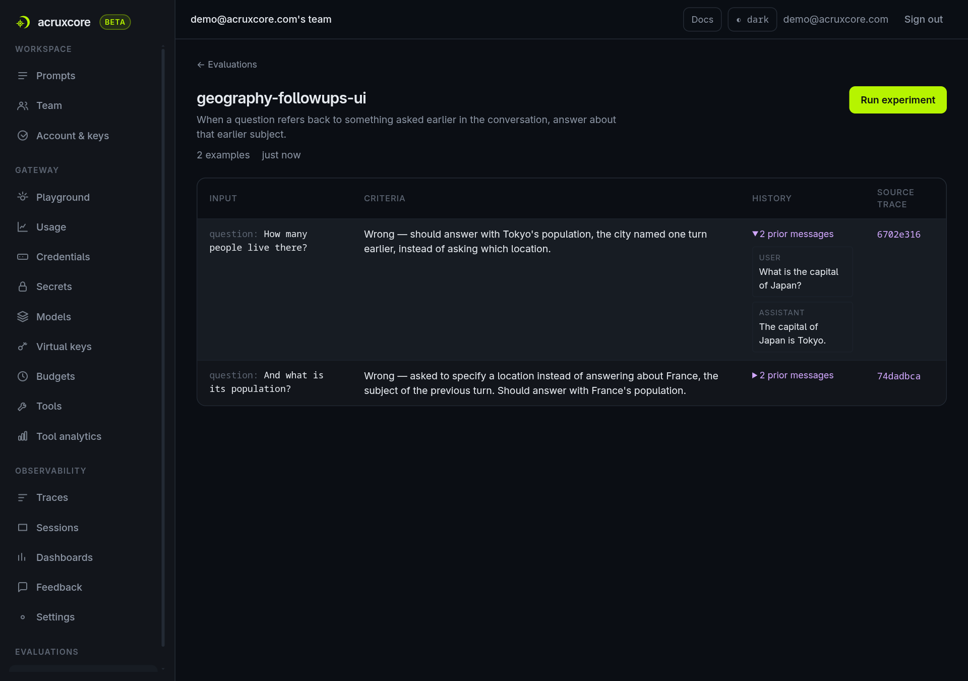 The dataset detail page with the History column's "2 prior messages" disclosure expanded, showing the reconstructed user/assistant turns