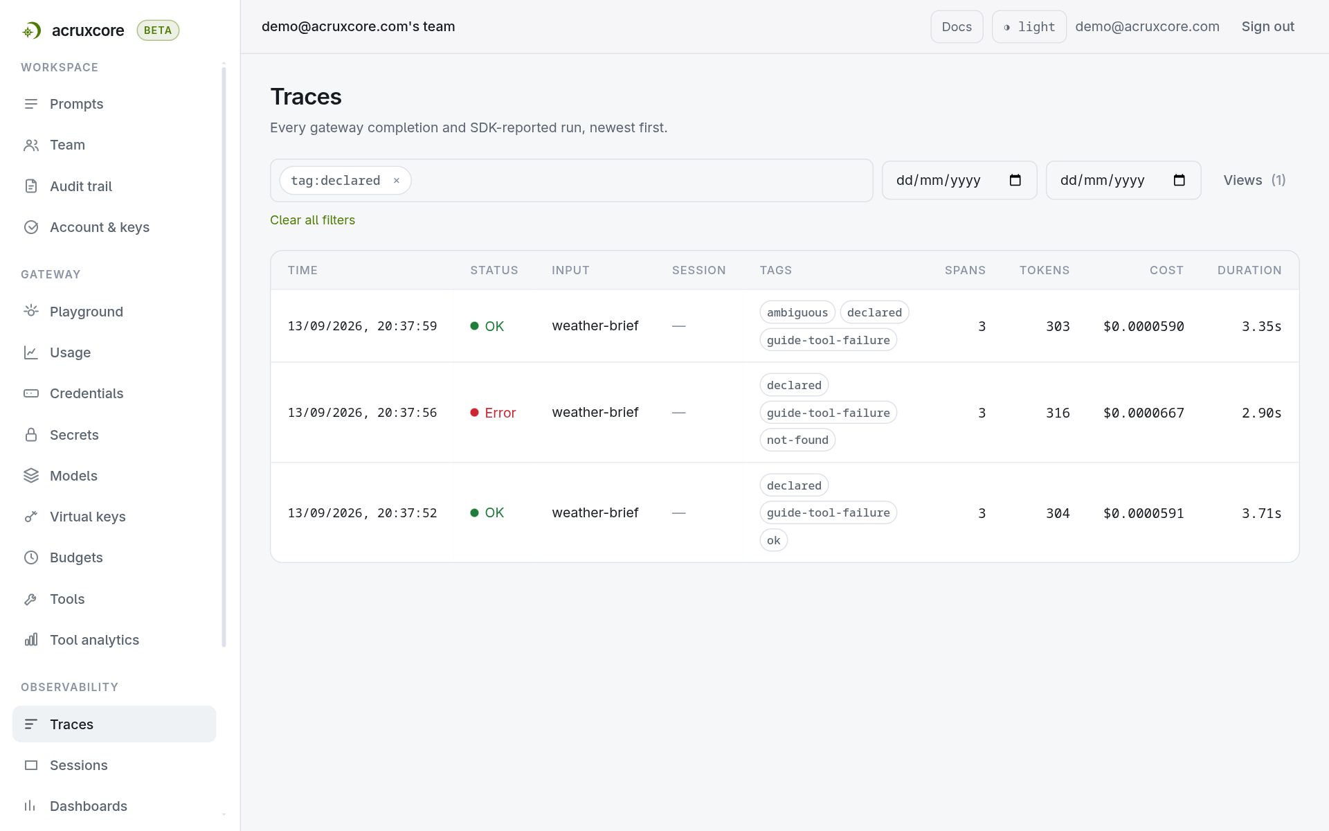 The Traces page filtered to tag, listing three weather-brief traces: two with a green OK status and the middle one, tagged not-found, with a red Error status