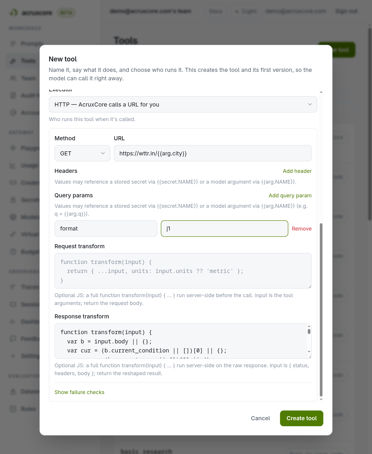 Executor set to HTTP, method GET, and a URL ending in a templated city argument, with hints that values may reference a stored secret or a model argument
